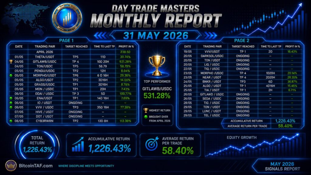 Day Trade Masters Monthly Report for May 31, 2026 showing detailed crypto day trading and position swing trading performance tables. Includes trading pairs such as GITLAWB/USDC, TON/USDC, THETA/USDT, and others with target reached, time to target, and profit percentages. Highlights top performer GITLAWB/USDC at 531.28% return, overall accumulative return of 1,226.43%, average return per trade of 58.40%, and equity growth chart. BitcoinTAF.com Day Trade Masters signals report.