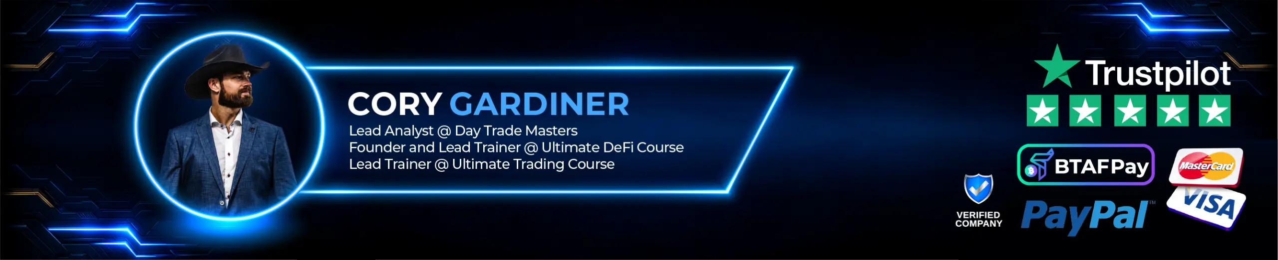 Cory Gardiner with BitcoinTAF Ultimate Trading Course credentials, a five-star Trustpilot graphic, and payment logos.