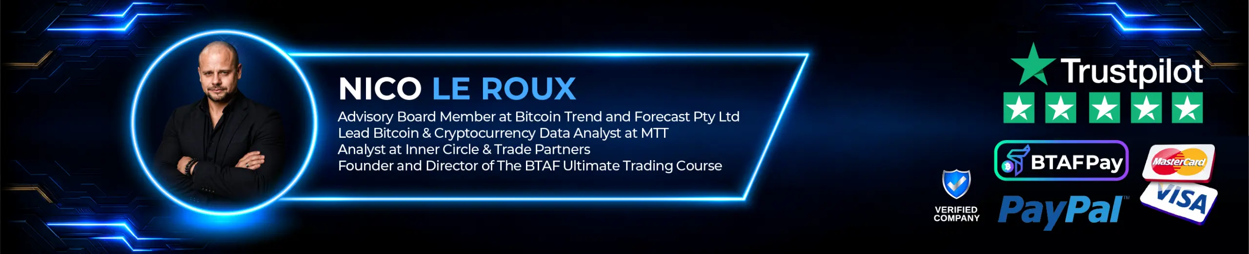 Nico Le Roux with BitcoinTAF Ultimate Trading Course credentials, a five-star Trustpilot graphic, and payment logos.