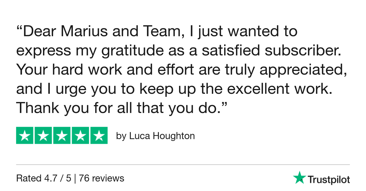 Dear Marius and Team, I just wanted to express my gratitude as a satisfied subscriber. Your hard work and effort are truly appreciated, and I urge you to keep up the excellent work. Thank you for all that you do.