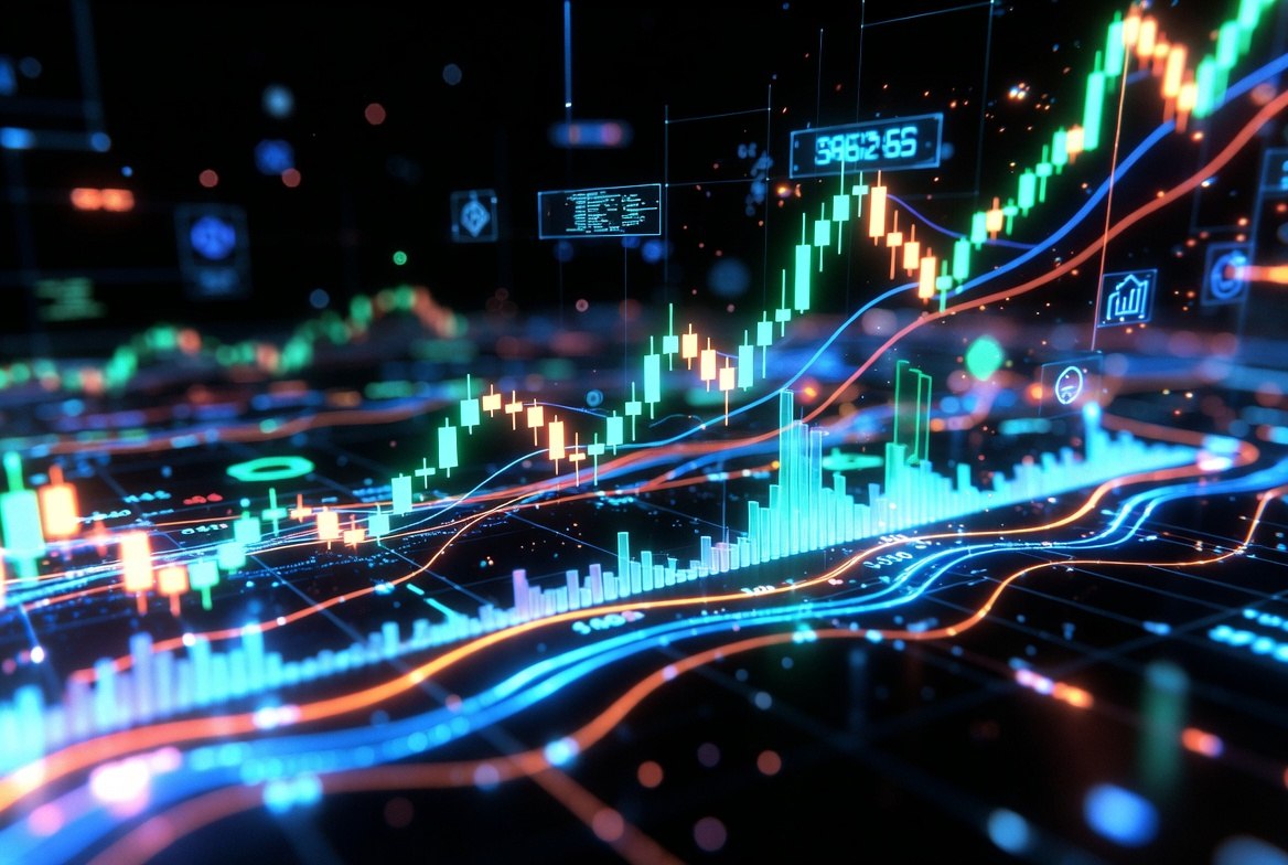 “Stock Market Growth Chart with Candlestick Analysis and Financial Data Visualization”