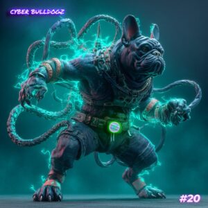 Abyss Reaver NFT #20 from the Neon Nexus Rebel Litter, Collection 4 of the Cyber Bulldogz NFT series featuring glowing energy tendrils and cybernetic enhancements.
