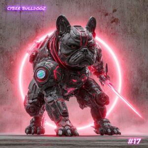 Eclipse Marauder NFT #17 from the Neon Nexus Rebel Litter, Collection 4 of the Cyber Bulldogz NFT series, featuring a heavily armoured cyber French Bulldog with glowing red energy.
