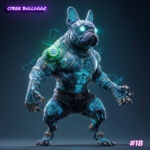 Nexus Nullifier NFT #18 from the Neon Nexus Rebel Litter, Collection 4 of the Cyber Bulldogz NFT series featuring glowing blue cybernetic circuitry.