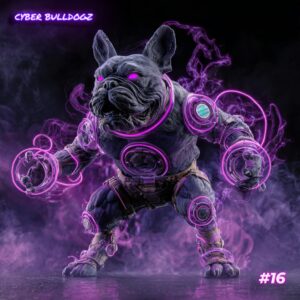 Void Howler NFT #16 from the Neon Nexus Rebel Litter, Collection 4 of the Cyber Bulldogz NFT series, featuring a futuristic French Bulldog surrounded by glowing purple energy.