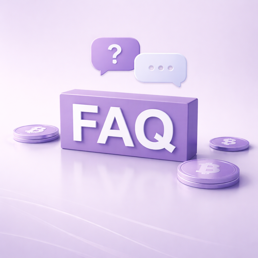 3D purple FAQ block with question mark speech bubbles and Bitcoin coins