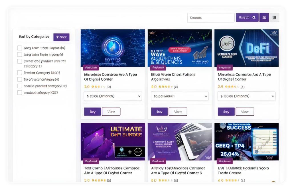 Screenshot of the BitcoinTAF crypto trading dashboard showing products.