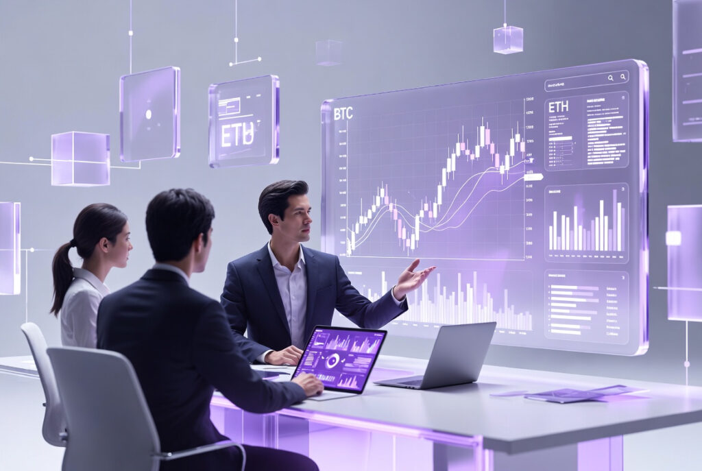 Financial consultants discussing cryptocurrency strategy in a one-on-one consulting session