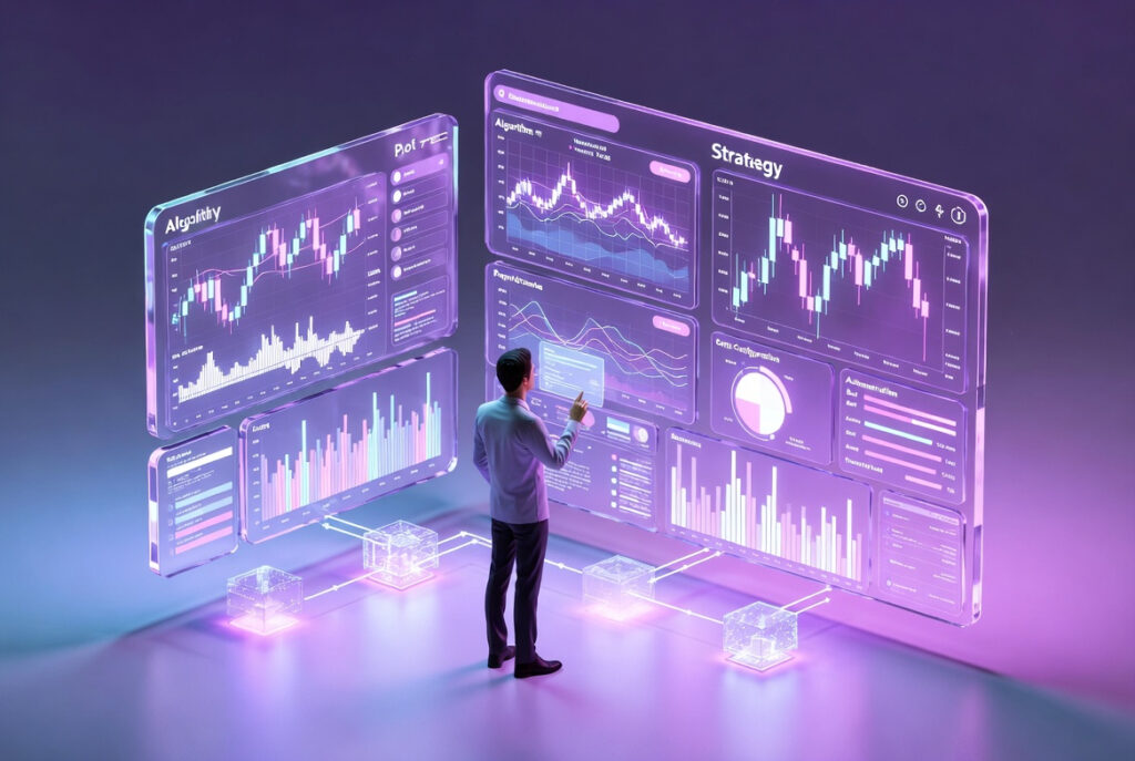 Trader analyzing live cryptocurrency trade signal dashboards on multiple monitors