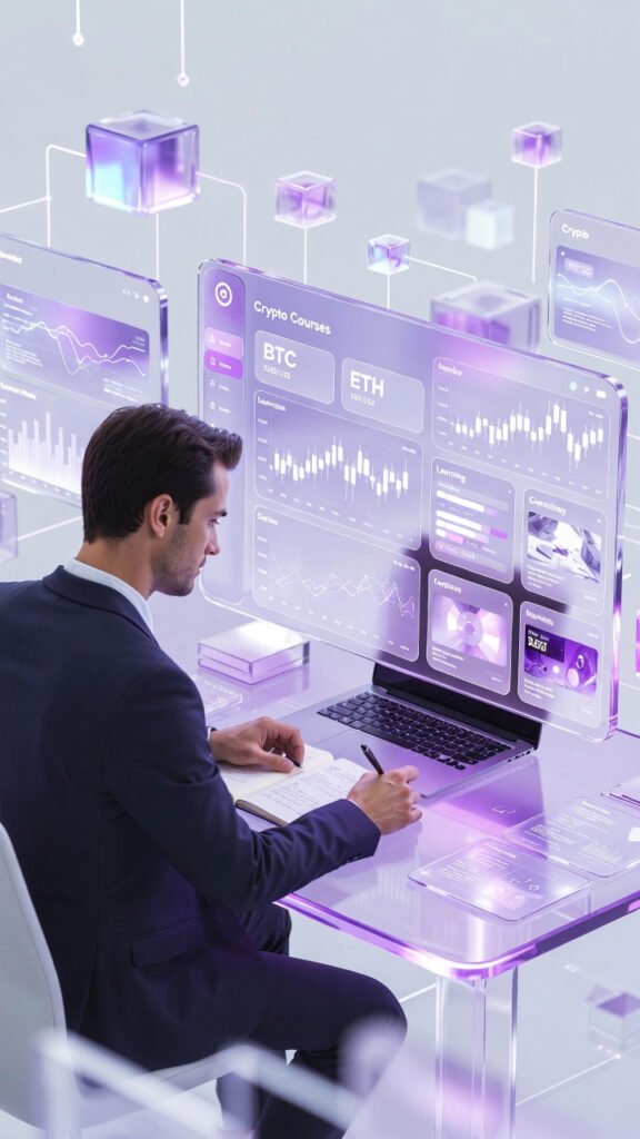 Man studying cryptocurrency trading charts on multiple screens for BitcoinTAF courses