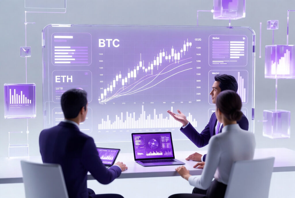 Analysts reviewing Elliott Wave pattern analysis on Bitcoin price charts
