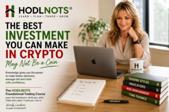 Wendy Landman at a laptop with HODLNOTS trading course materials.