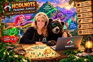 HODLNOTS Trading Jungle graphic with chart characters, a woman, a bear and course feature signs