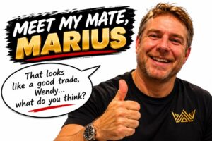 Alt: Smiling man giving a thumbs-up beside the words Meet my mate, Marius and a trading question for Wendy
